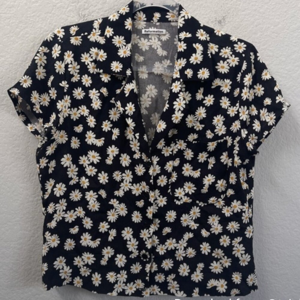 EUC Reformation Daisy Button Up Collared Top Black (Sz Large)